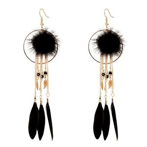 3/30 Boho Gypsy Black Feather Gold Leaf Dangle Earrings